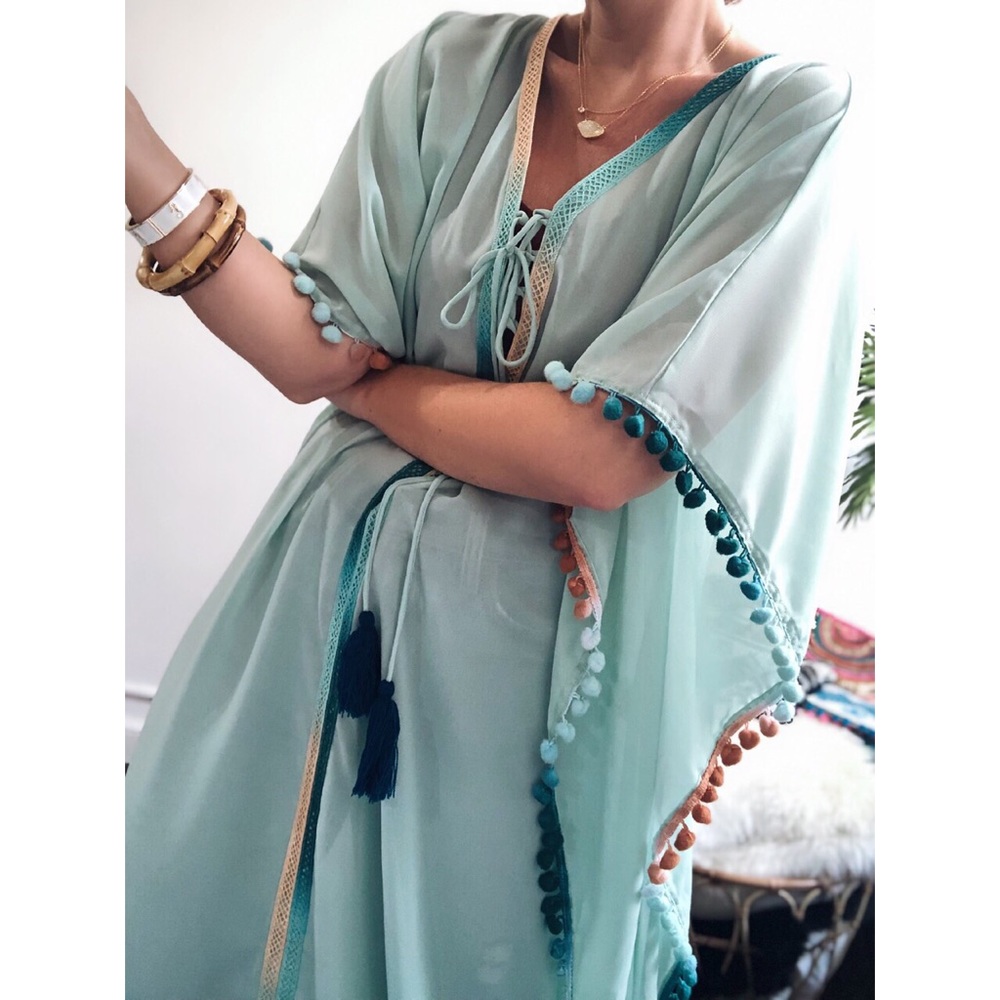 Frosty Aqua Sheer Pom Pom Kimono Cover Up - Picture 3 of 8